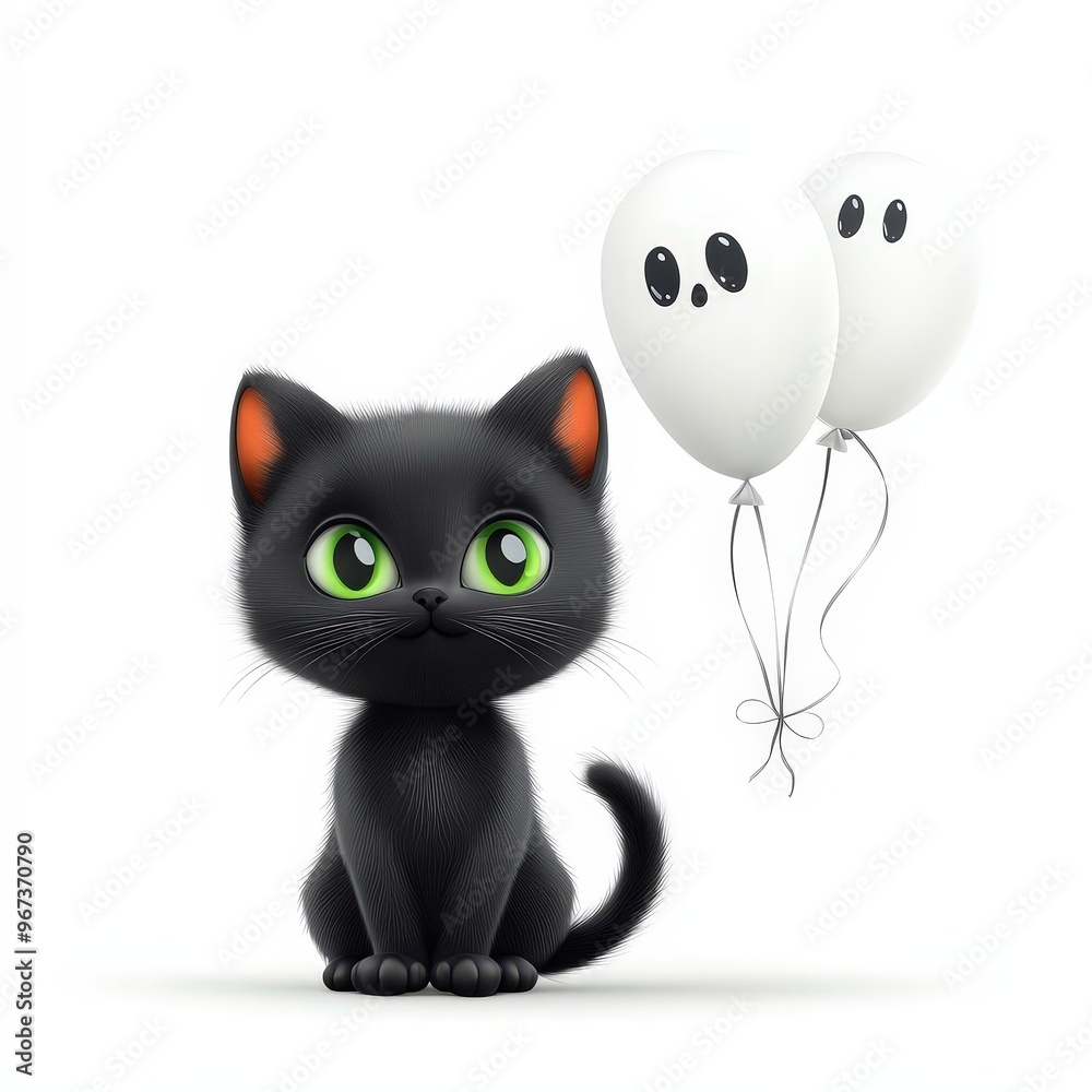Fototapeta premium Cute Black Kitten with Ghost Balloons for Halloween