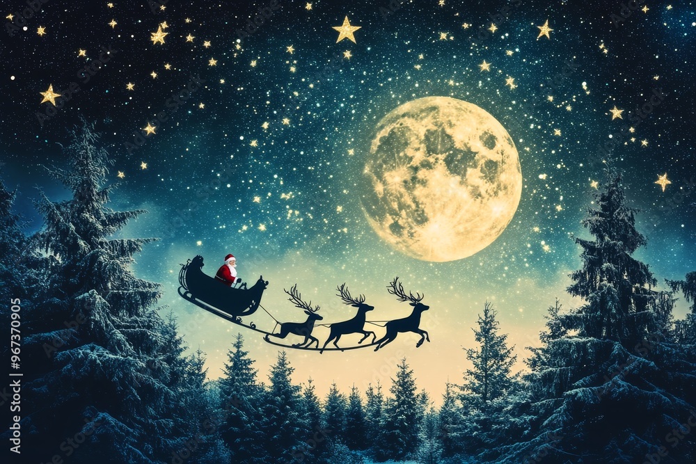 Naklejka premium Reindeer pulling santa's sleigh through a starry night sky full moon glowing.
