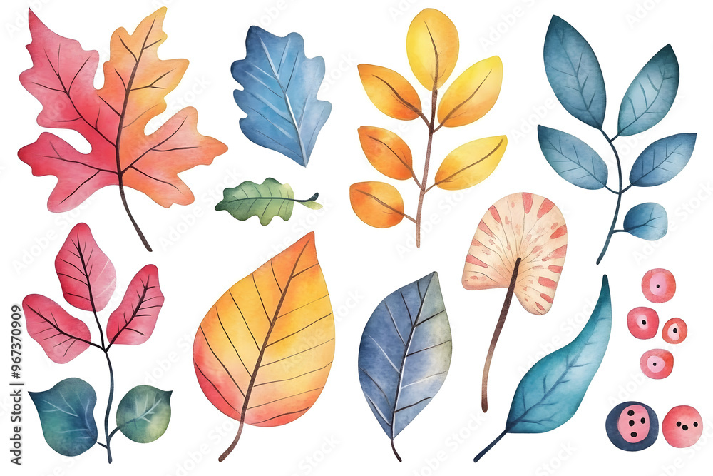 Obraz premium Hand drawn autumn collection of colorful plants and leaves isolated on white background