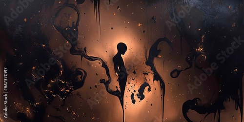 An abstract depiction of harm and healing with dark, jagged shapes breaking apart to reveal bright, glowing core patterns underneath