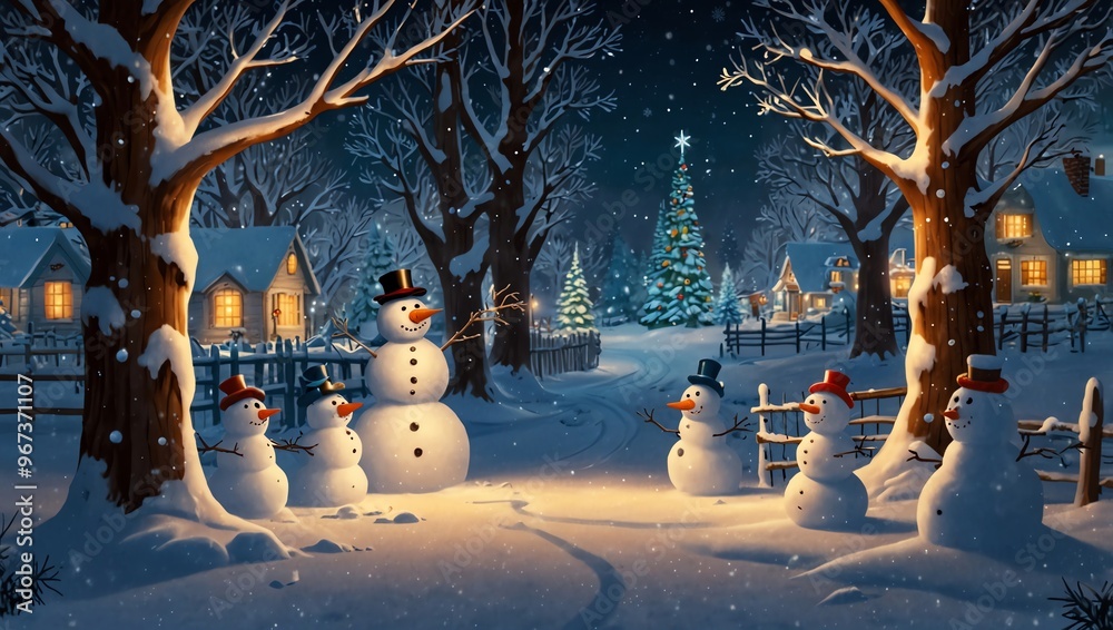 Fototapeta premium snowman and christmas tree