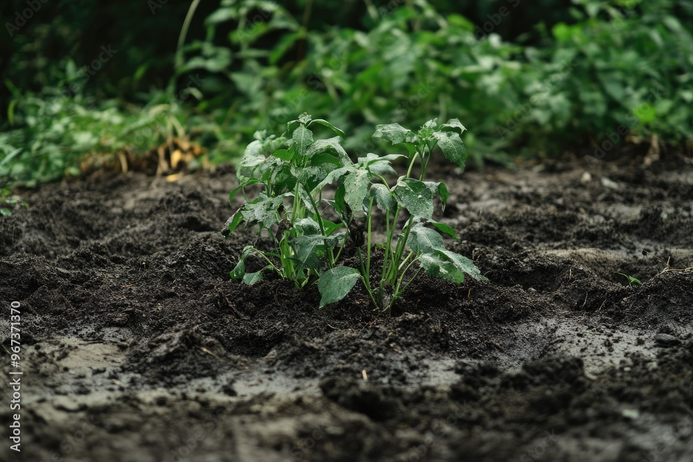 Green plants growing in soil. The image depicts the growth of plants in the ground, perfect for illustrating gardening, agriculture, or the natural world. Green plants growing in soil. The image depicts the growth of plants in the ground, perfect for illustrating gardening, agriculture, or the natural world.