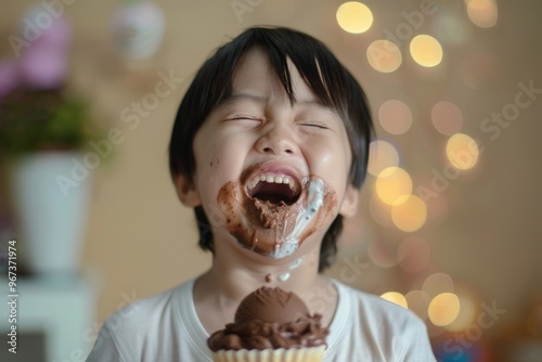 Bright-eyed boy joyful expression enjoying delightful food experience. Engaging and cheerful teen captured lively lifestyle setting enjoying food. Serene bliss of youth captured casual lunchtime