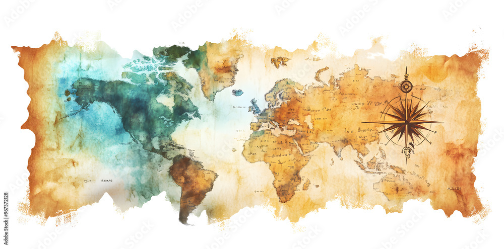 Fototapeta premium Vintage watercolor map abstract isolated on white background 