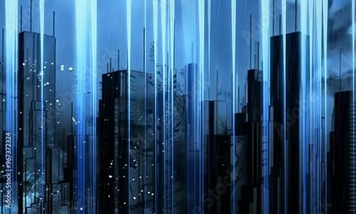 Cityscape with Blue Rain