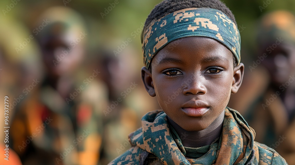 Young Boy in Camouflage Clothing Looking Directly at the Camera Young Boy in Camouflage Clothing Looking Directly at the Camera