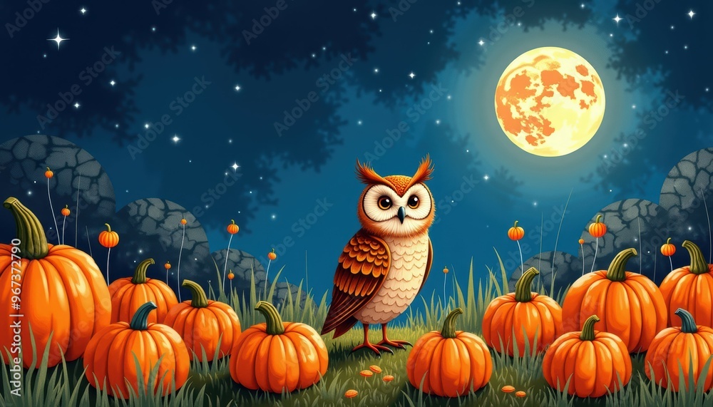 Fototapeta premium A whimsical illustration of an owl surrounded by pumpkins under a full moon, capturing a magical autumn night.