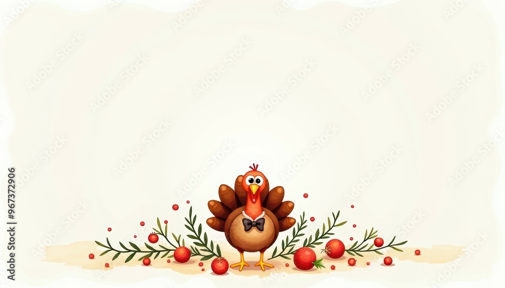 An adorable cartoon turkey adorned with a bowtie, surrounded by festive foliage and berries, perfect for Thanksgiving designs. An adorable cartoon turkey adorned with a bowtie, surrounded by festive foliage and berries, perfect for Thanksgiving designs.