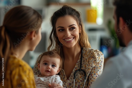 Doctor holds a baby while talking to a patient. This photo is perfect for websites and articles about healthcare, family, and medicine.