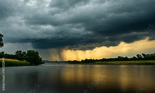 Dark Storm Clouds Over River