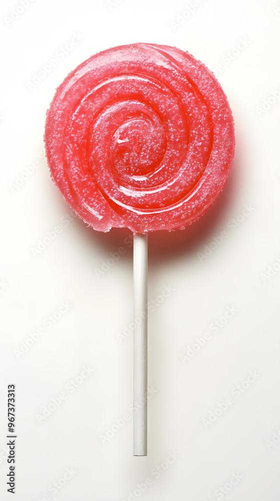 Red and white striped lollipop on stick isolated on white background