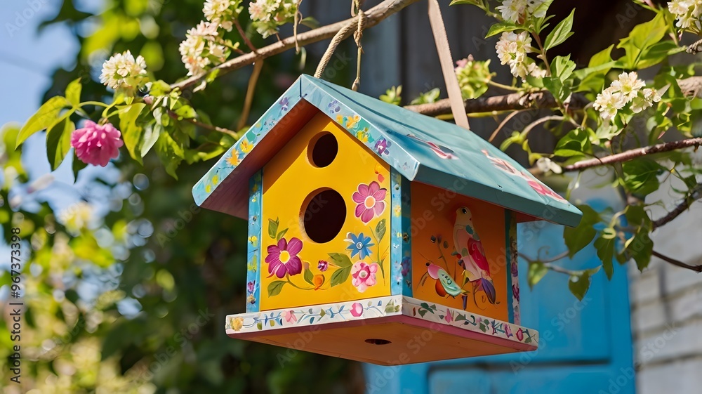 A brightly painted birdhouse with floral designs, hanging from a branch in a sunny garden A brightly painted birdhouse with floral designs, hanging from a branch in a sunny garden