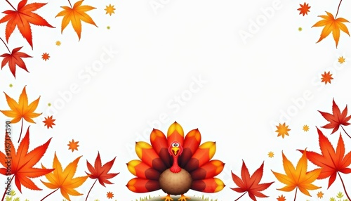 Vibrant autumn leaves frame a cheerful turkey, perfect for Thanksgiving celebrations and fall-themed designs. photo