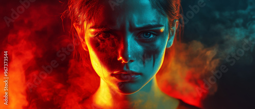 A dramatic portrait of young woman with intense facial expressions, featuring striking lighting effects in red and blue hues, creating moody atmosphere