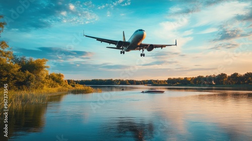 Airplane flies low over blue sea near green islands, clear waters beneath.