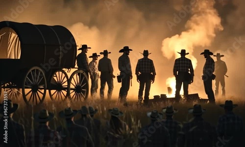 Silhouettes of Cowboys Around a Campfire
