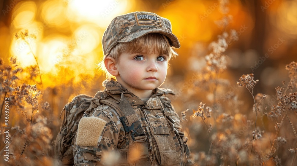 Young Boy Dressed in Military Uniform Looking Off into the Distance Young Boy Dressed in Military Uniform Looking Off into the Distance