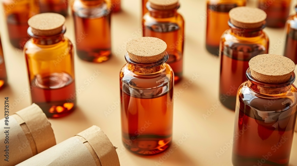 Amber bottles with blank labels arranged among cardboard tubes on a soft beige surface Amber bottles with blank labels arranged among cardboard tubes on a soft beige surface