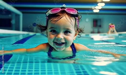 A happy baby girl swimming in a pool with goggles on