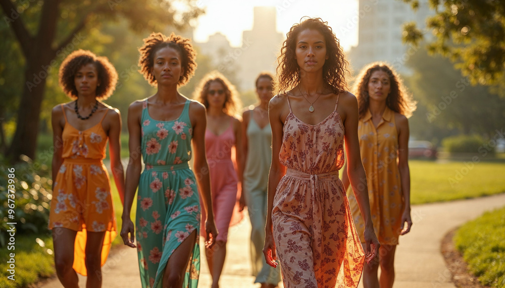 Fototapeta premium A diverse group of models walks confidently in a sunlit urban park