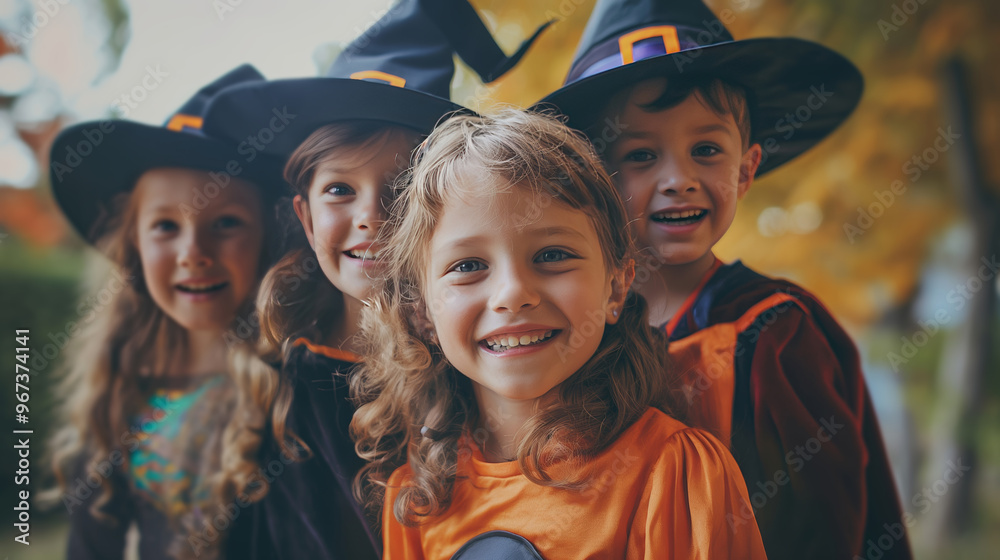 Obraz premium Portrait of cute smiling kids dressed in costumes for Halloween party. Trick or treat, adorable children wearing halloween costumes having fun at halloween night.