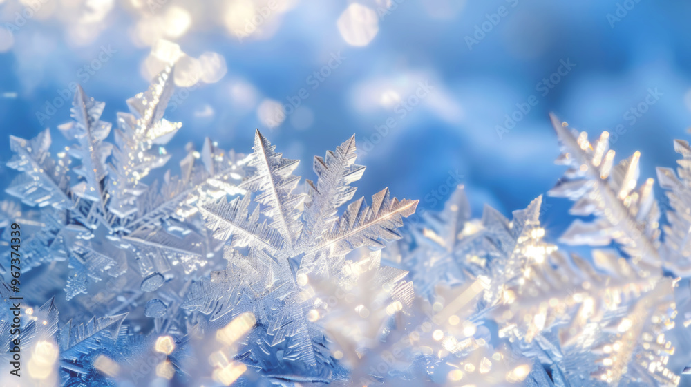 Intricate snowflakes under blue light. Intricate snowflakes under blue light.