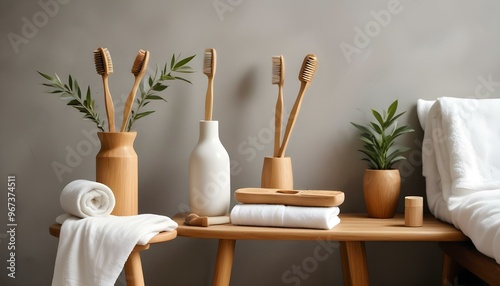 Eco toothbrushes. Bamboo toothbrushes cup, natural soap, plastic free ear sticks, wooden hair brush and white towels on gray stone background