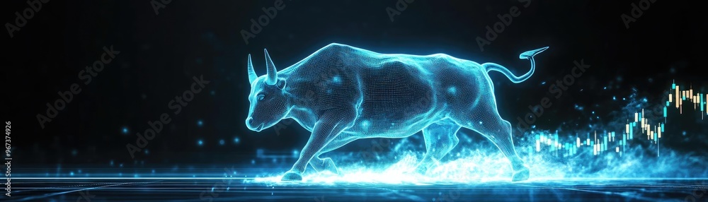 A glowing blue bull symbolizing strength and market growth, striking through an abstract digital landscape. A glowing blue bull symbolizing strength and market growth, striking through an abstract digital landscape.