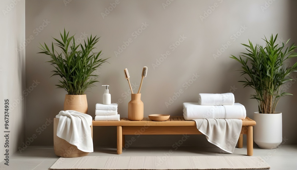 Eco toothbrushes. Bamboo toothbrushes cup, natural soap, plastic free ear sticks, wooden hair brush and white towels on gray stone background Eco toothbrushes. Bamboo toothbrushes cup, natural soap, plastic free ear sticks, wooden hair brush and white towels on gray stone background