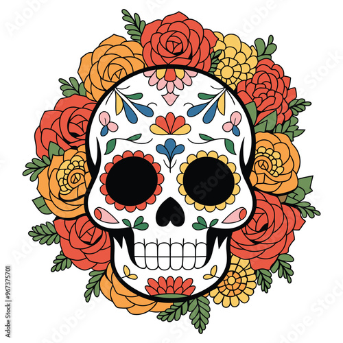 Colorful Sugar Skull with Flowers Illustration