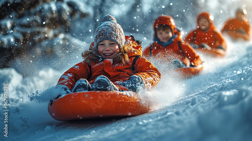 Smiling child sledding, snowy hill, winter fun. Perfect for winterthemed designs, holiday cards, family activities, and childrens products. Generative AI