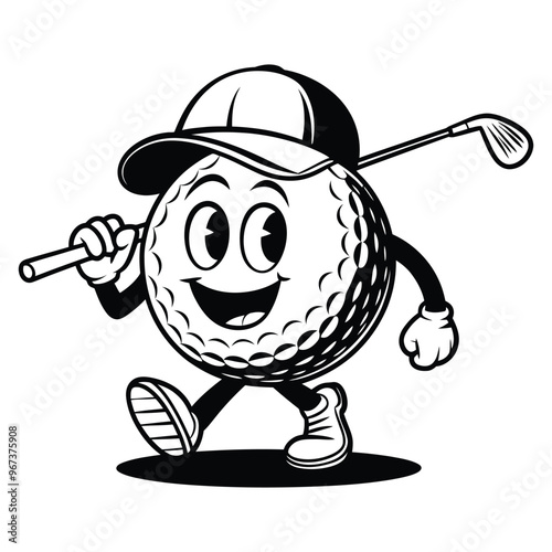 Golf ball cartoon character with hat and club illustration