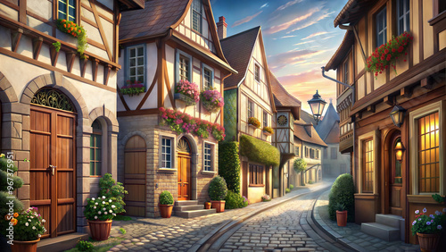 Obraz na płótnie Charming cobblestone street with traditional houses adorned with flowers at sunset w salonie