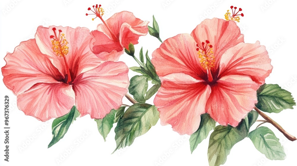 Hand painted watercolor illustration of tropical hibiscus flowers in a botanical style Hand painted watercolor illustration of tropical hibiscus flowers in a botanical style