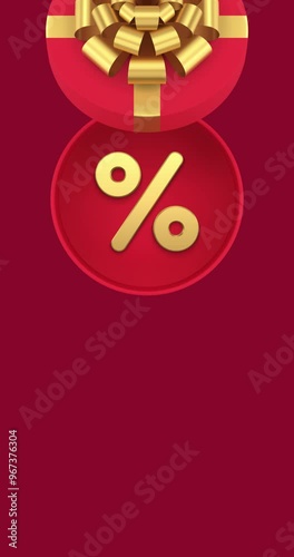 Round red gift box with golden percentage sign inside. Vertical video footage for designing Christmas greetings social media post and banners