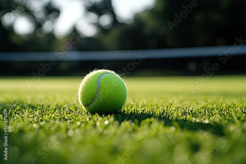 Tennis ball on grass court. Perfect for websites and social media promoting tennis and sports. photo