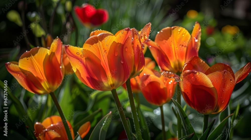 Fototapeta premium Vibrant Orange Tulips in Bloom with Morning Dew on Petals