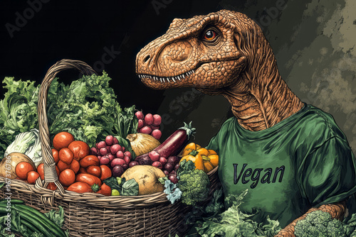 A T-rex wearing a green T-shirt with the word Vegan in bold letters,