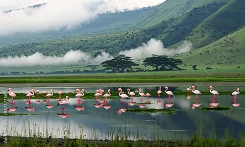 Flamingos in a Serene Landscape