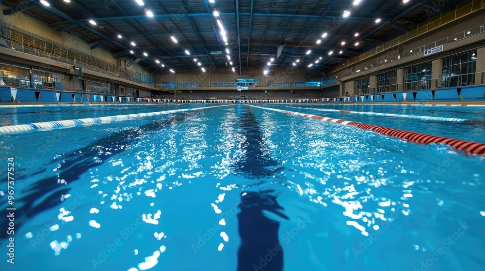 Obraz premium Empty swimming pool with blue water. Perfect for showcasing the sport of swimming or water safety.