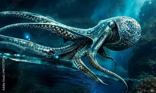 Giant Octopus attacking Submarine in Deep Sea