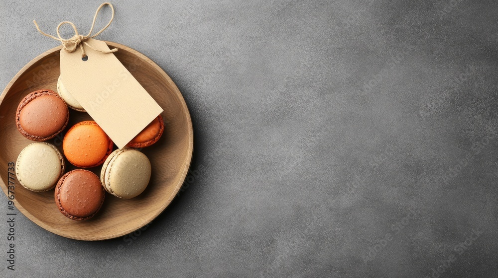 A collection of pastel-colored macarons is artfully arranged on a wooden board with a blank tag, showcasing a minimalistic aesthetic against a soft grey backdrop A collection of pastel-colored macarons is artfully arranged on a wooden board with a blank tag, showcasing a minimalistic aesthetic against a soft grey backdrop