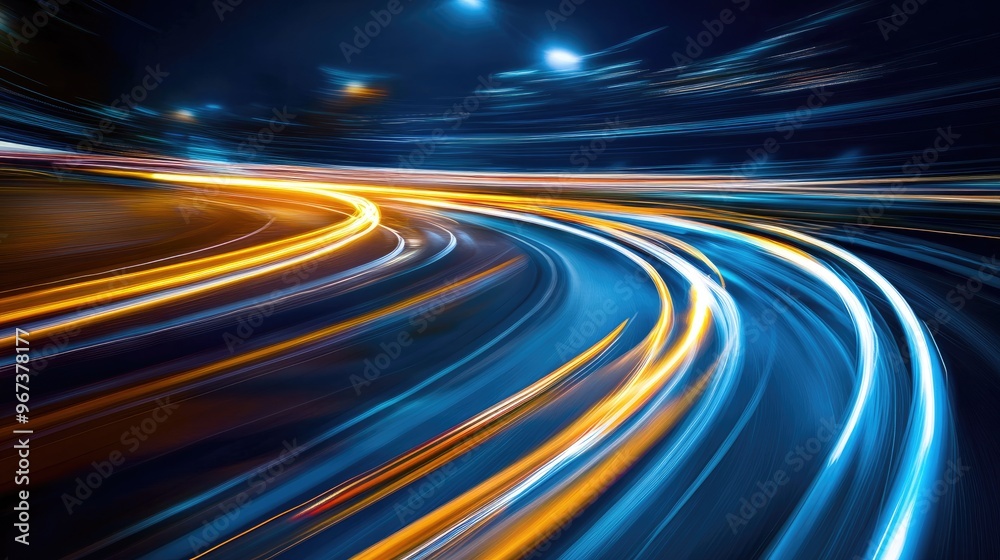 Curved light trails ascend as a fast car accelerates on a night road showcasing the motion of city lights An illustration of high speed concepts in action