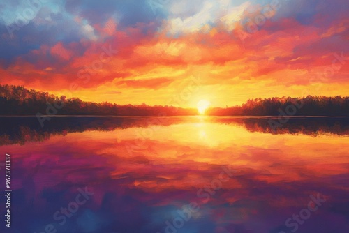 Vibrant sunset over serene waters with reflections creating a peaceful atmosphere and inspiring calmness in nature