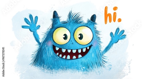 A playful monster grins and greets with a cheerful hi Adorable cartoon character in a simple hand drawn style 2D illustration suitable for baby cards or clothing prints