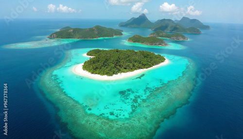 Scenic view of small tropical islands with lush vegetation and turquoise waters, evoking peace and solitude.







