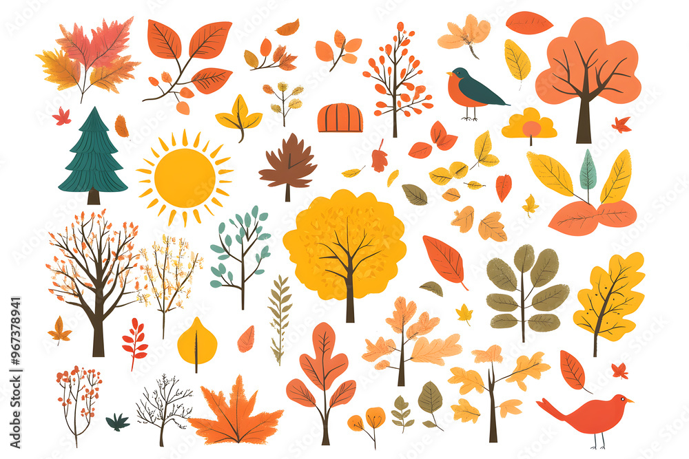 Obraz premium Hand drawn cartoon autumnal collection of yellow plants and leaves isolated on white background