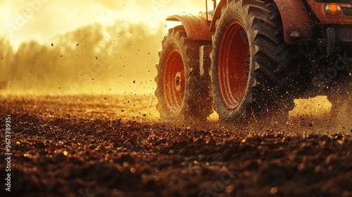 A colorful photo of wheeled tractor plowing field at sunset, showcasing vibrant orange wheels and dust being kicked up, creating dynamic and energetic scene photo