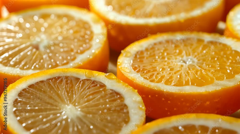 Sliced oranges arranged beautifully on a surface in a bright, sunny kitchen setting Sliced oranges arranged beautifully on a surface in a bright, sunny kitchen setting