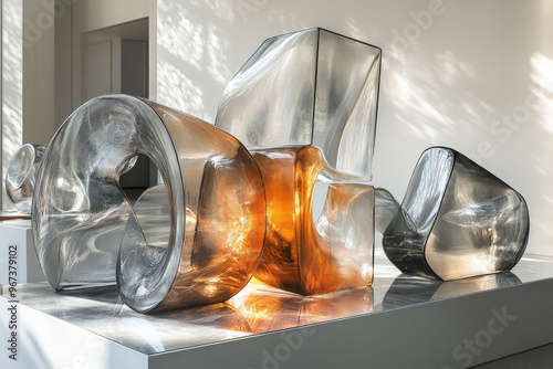 A set of modern, geometric glass sculptures,